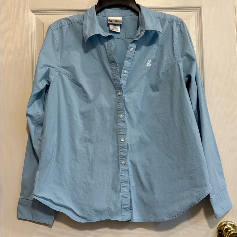 Disney World Y2K Embroidered Mickey Mouse Women’s Light Blue Button-Down Shirt